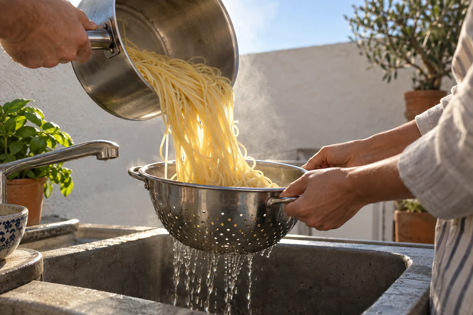 Two sets of hands pour cooked spaghetti from a stainless saucepan into a steel colander held over a stone patio sink, with water streaming into the basin and…