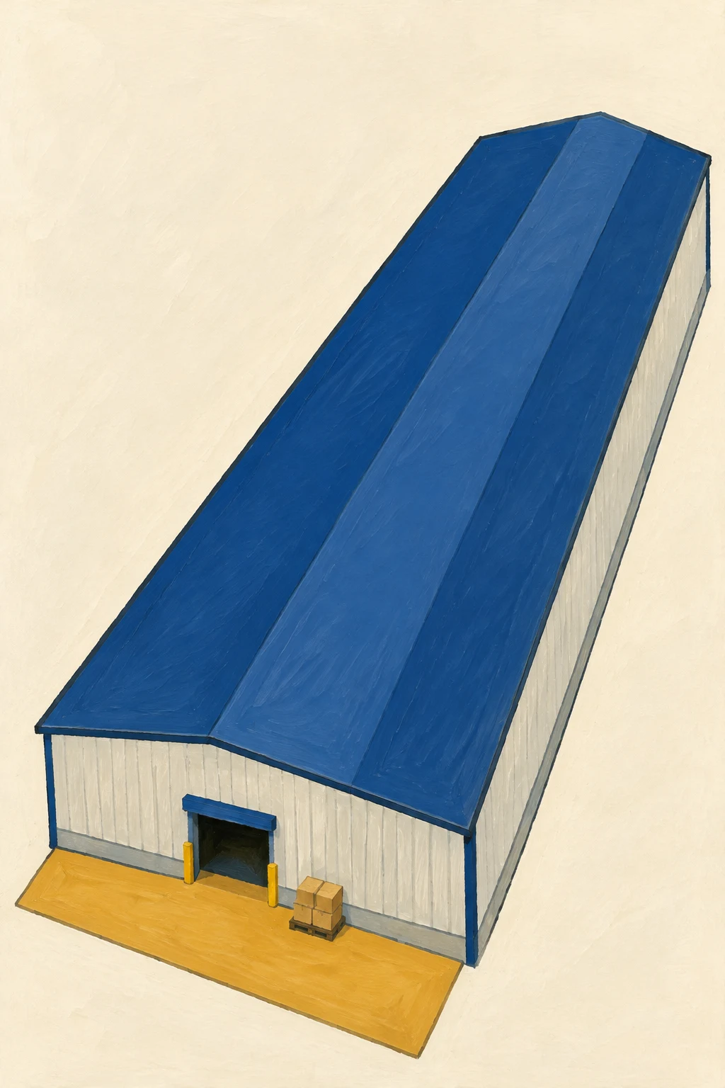 An elongated warehouse with a deep-blue three-band roof sits diagonally on a warm ivory ground.