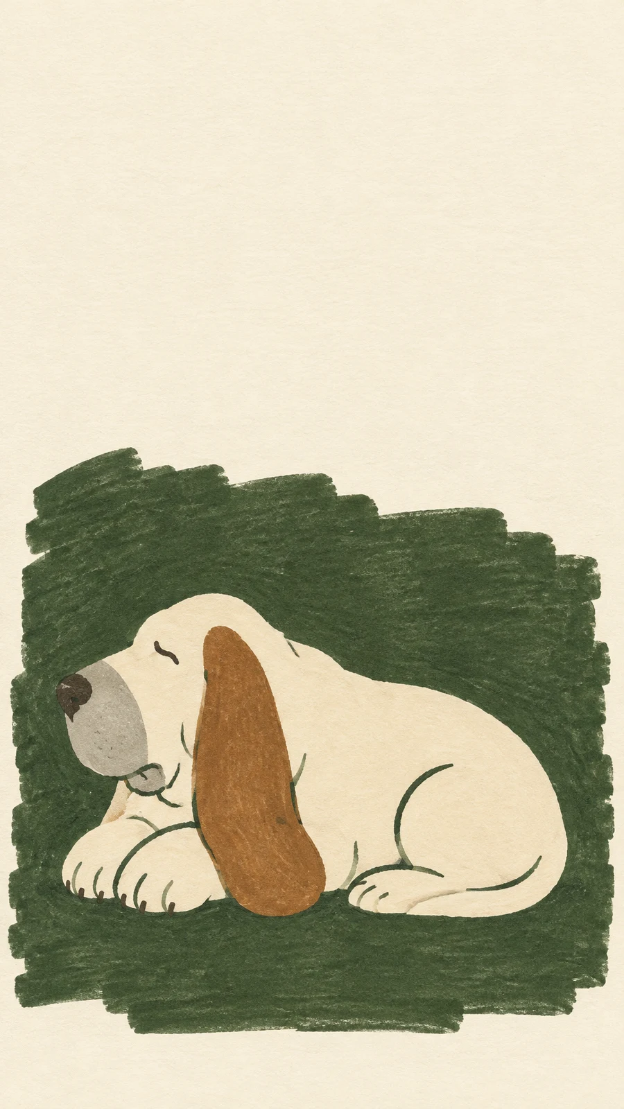 A cream-colored elderly dog curls in side profile against a broad, irregular dark-green marker field on warm textured paper.