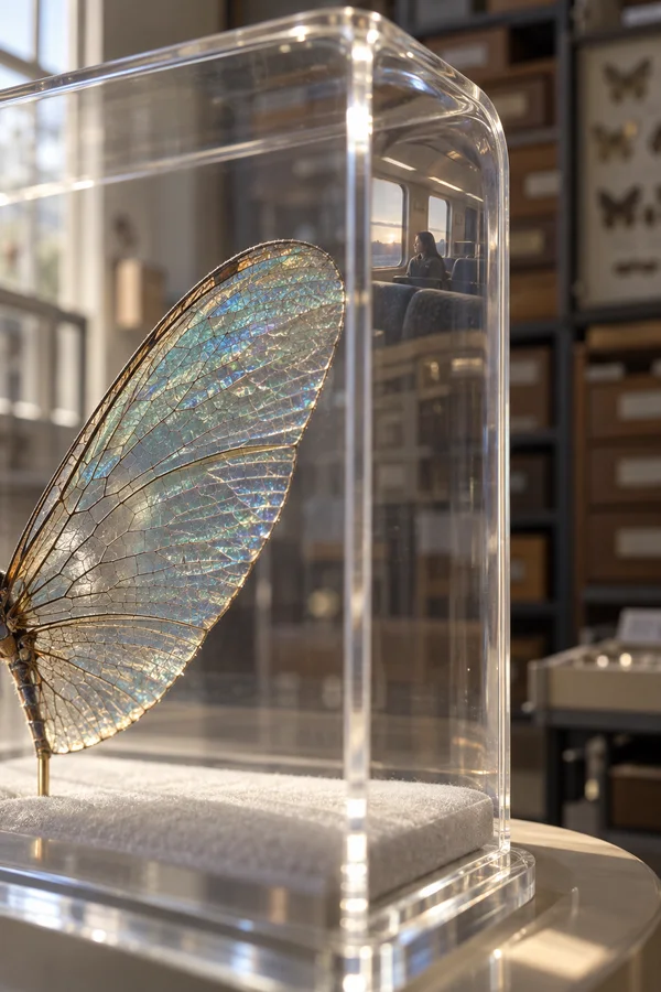 A large iridescent insect wing is displayed in a clear acrylic case, with blurred storage drawers behind it.