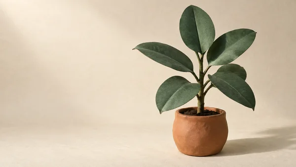 A broad-leaf plant in a terracotta-colored pot sits right of center on a warm cream surface, with soft shadows and ample empty space to the left.