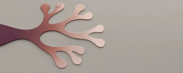 A smooth, raised branching form in plum, clay and pale blush spreads from the left across a warm-grey background, leaving open space on the right.