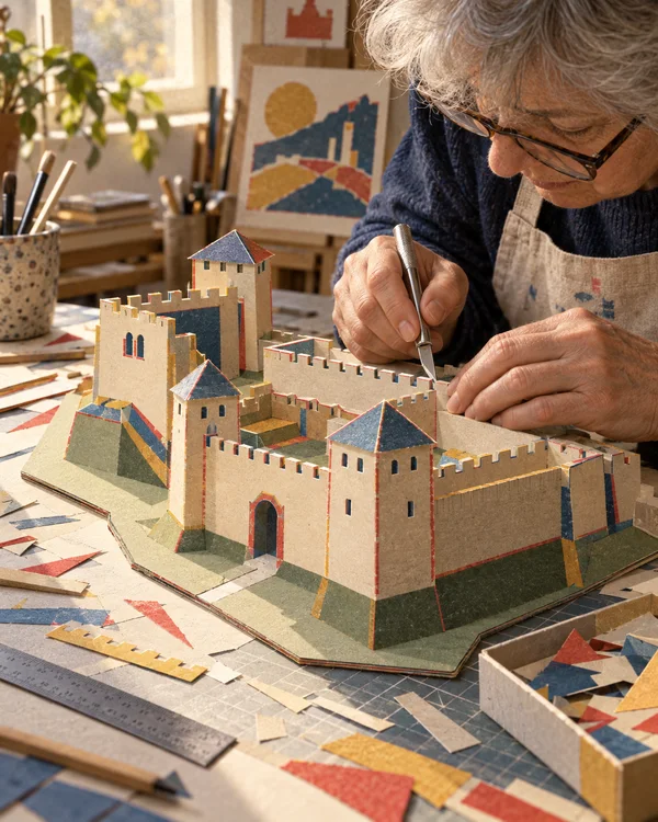 An older adult leans over a worktable, using a craft knife to trim a colorful cardstock fort model.