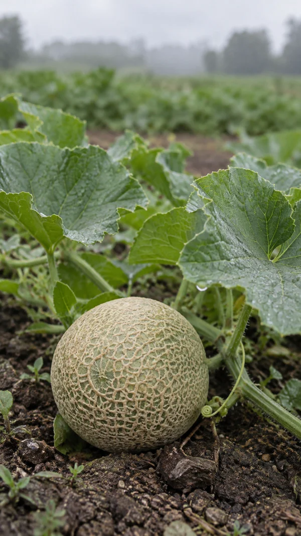 A netted cantaloupe rests on dark soil among broad, dewy leaves, with softly blurred rows of a garden fading into a misty background.