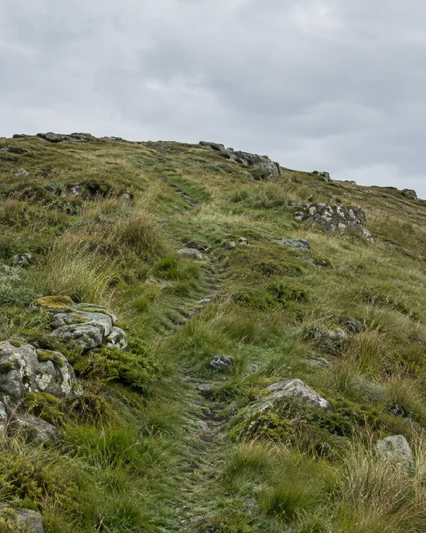 A narrow worn path winds through grassy upland terrain and scattered lichen-covered rocks toward a gently sloping ridge beneath a pale cloudy sky.