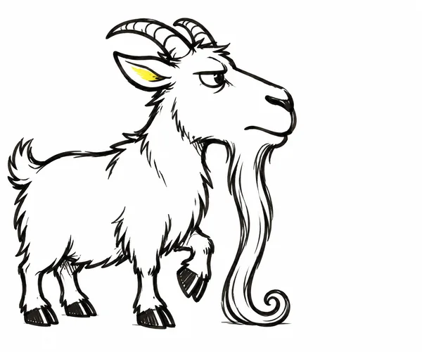 A black marker-style illustration of a shaggy goat in side view on white, with large curved horns, a yellow mark inside one ear, a narrowed eye, one raised…