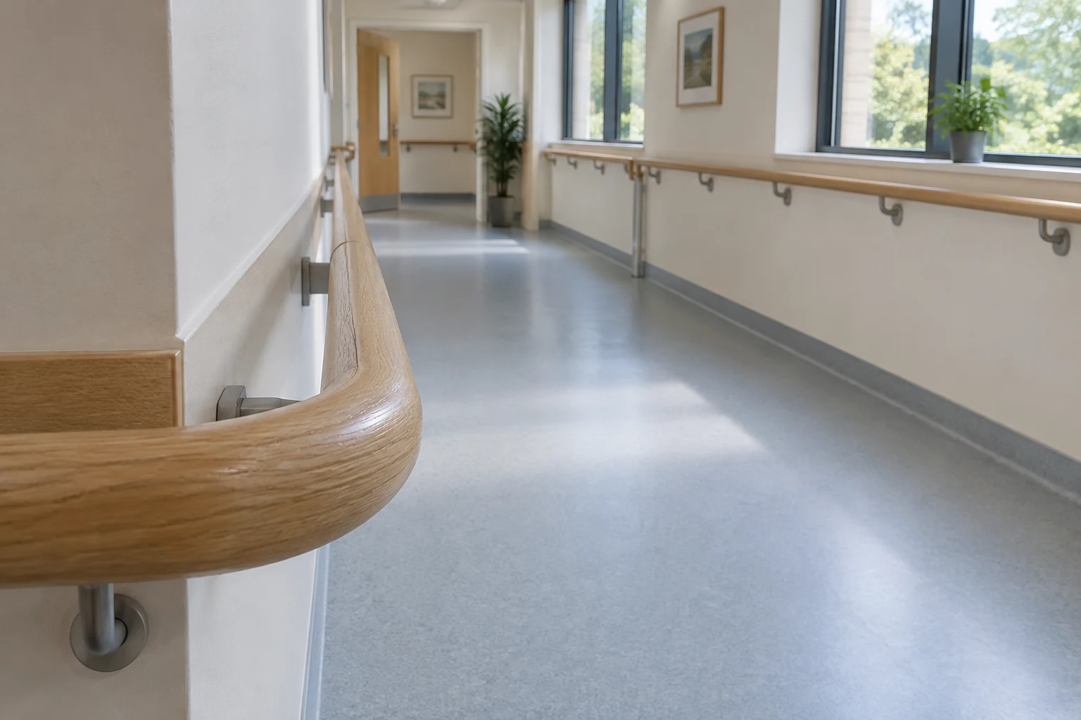 An empty rehabilitation corridor with pale oak handrails, a large rounded rail return in the left foreground, blue-grey flooring, tall windows, framed pictures…