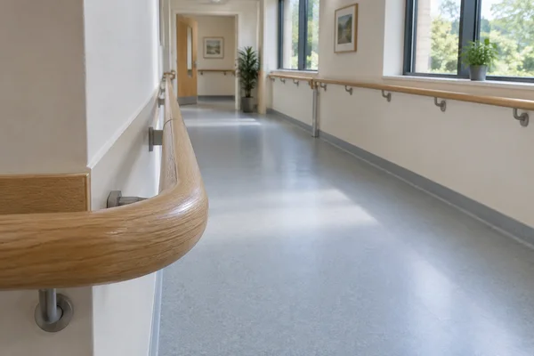 An empty rehabilitation corridor with pale oak handrails, a large rounded rail return in the left foreground, blue-grey flooring, tall windows, framed pictures…
