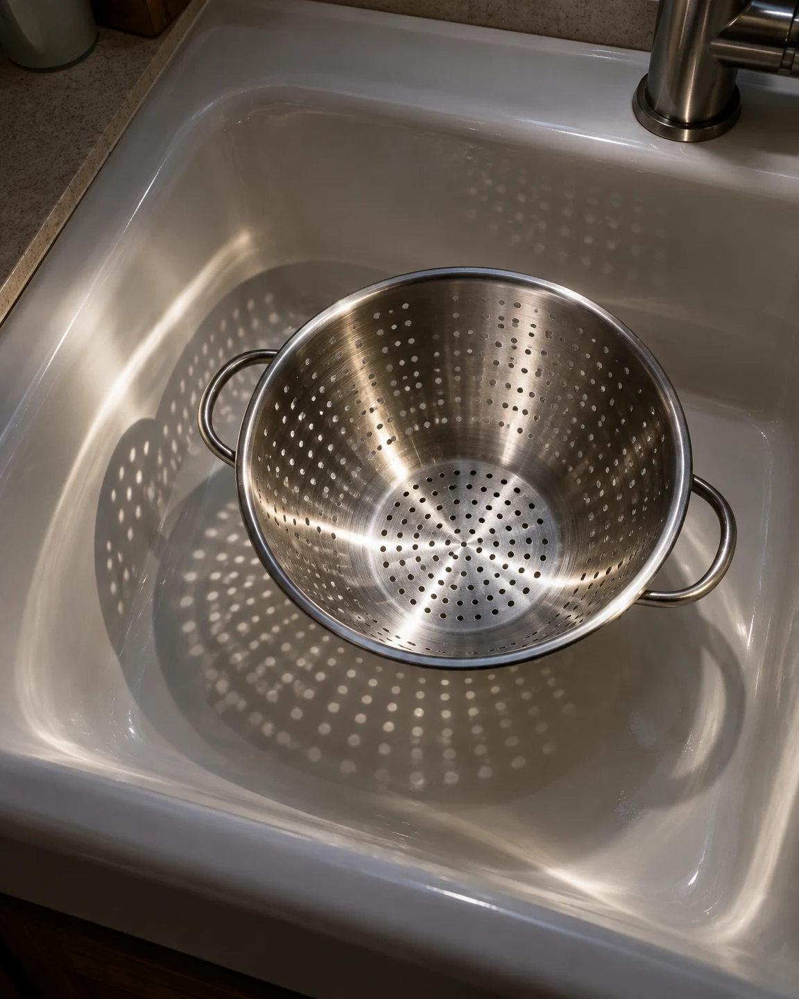 An overhead view of a stainless-steel colander resting in a white kitchen sink, with perforated shadows and bright curved reflections across the basin.