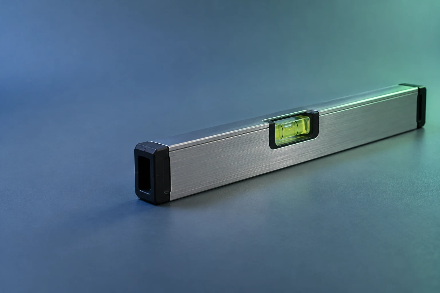 A brushed aluminum spirit level rests diagonally on a blue-gray surface, with black end caps and a yellow-green central vial; the background shifts toward teal…