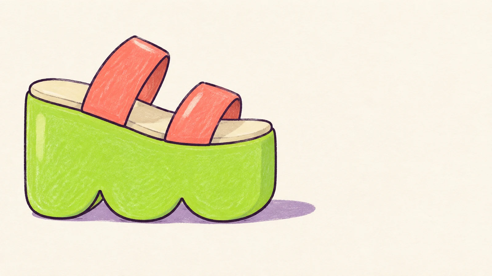 A comically oversized lime-green platform sandal with three rounded scallops along the sole, two broad coral straps, and a cream footbed sits on a warm ivory…