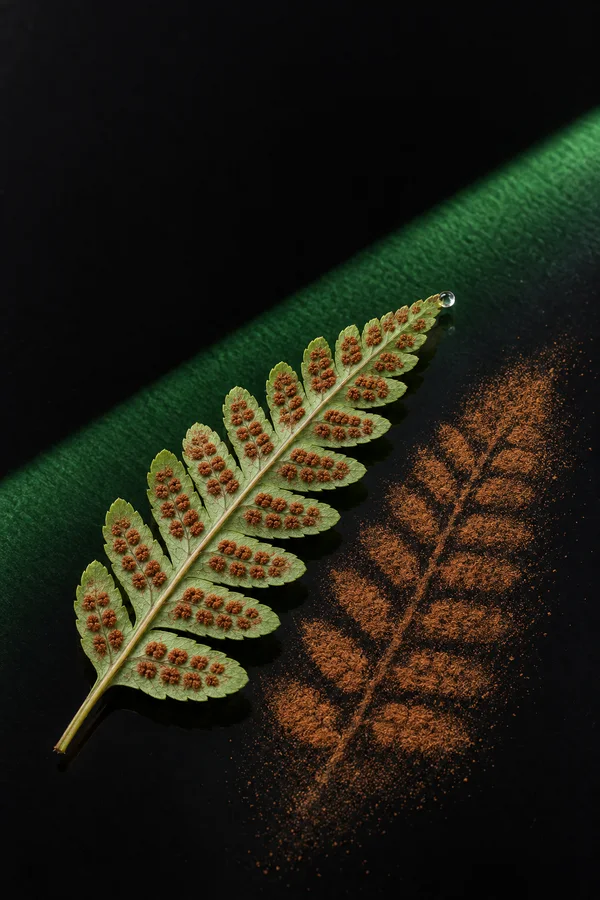 An underside-up fern leaflet with rust-brown sori lies diagonally on black glass beside a large cinnamon-brown dust print.