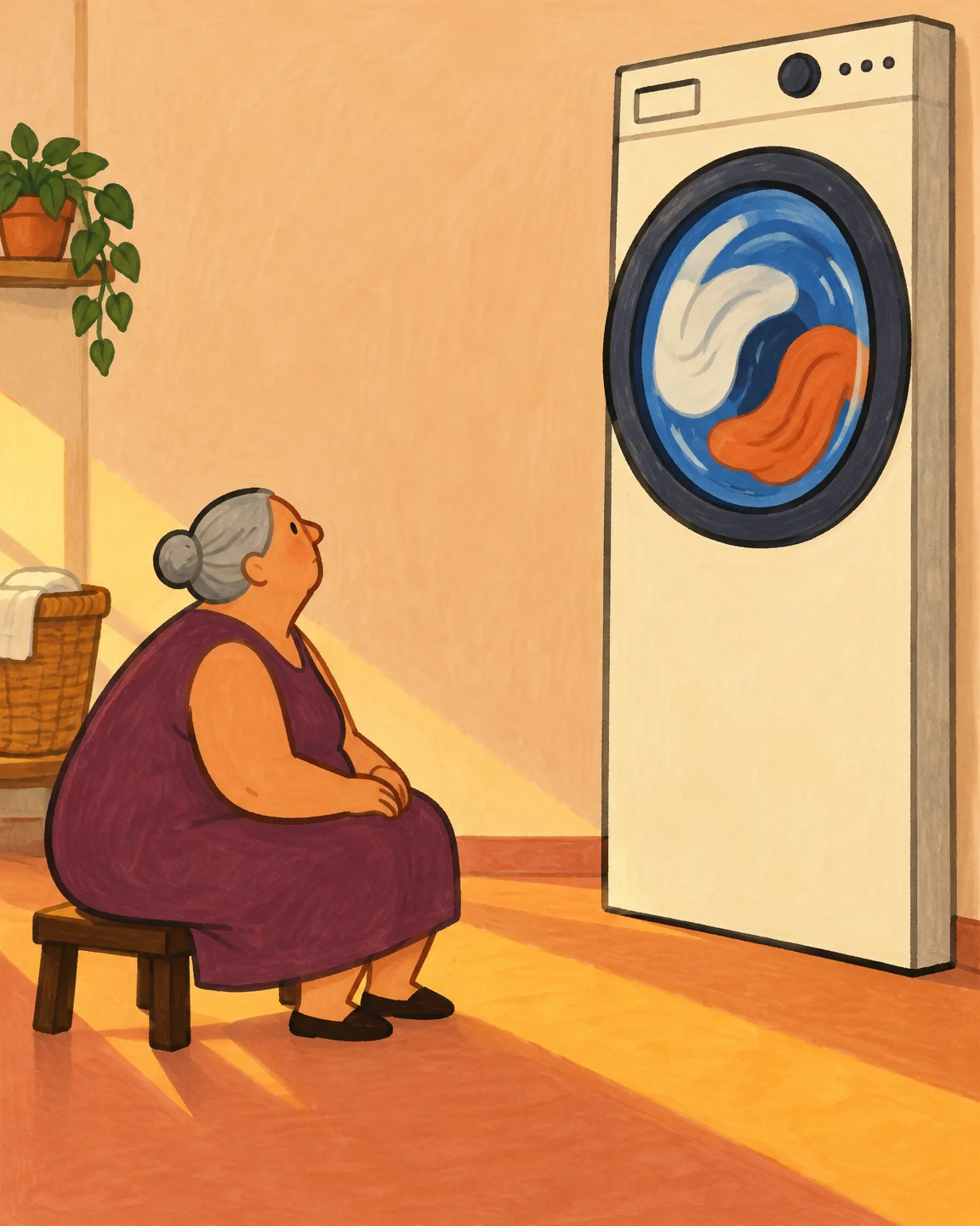 A grandmother in a plum dress sits on a low stool watching a tall cream washing machine with a large blue circular door.