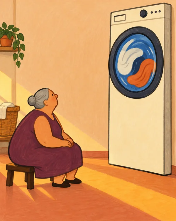 A grandmother in a plum dress sits on a low stool watching a tall cream washing machine with a large blue circular door.