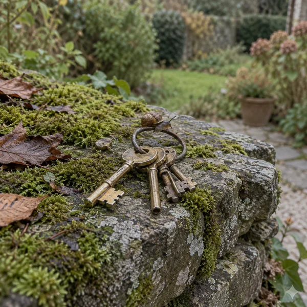 A cluster of old brass keys on a dark steel ring rests on a moss-covered stone garden wall among fallen leaves, with a small snail perched on the ring and a…