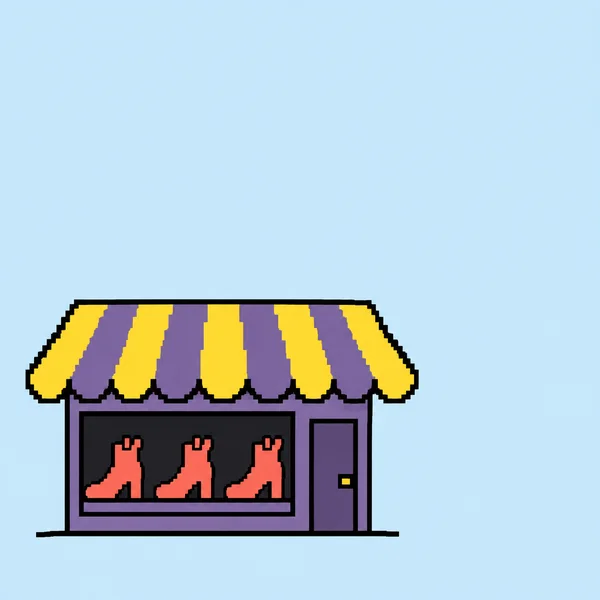 A small purple shoe shop sits low and left in a pale blue square, with a broad yellow-and-violet striped awning, a dark display window holding three coral…