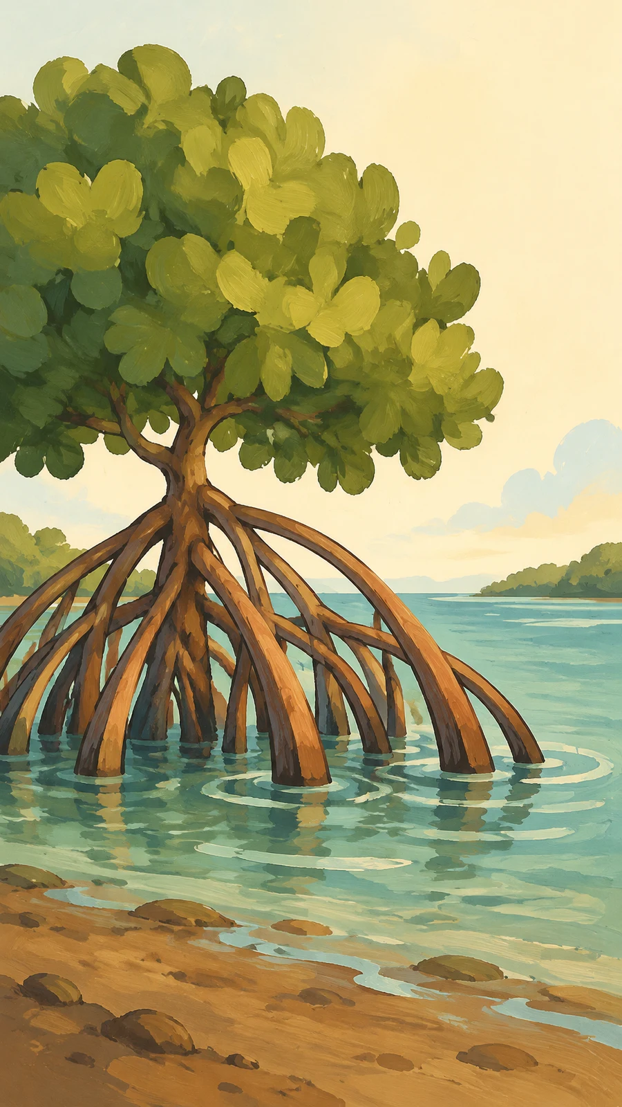 A broad-canopied mangrove with long terracotta stilt roots stands in turquoise tidal water above a warm sandy mud bank, with pale sky and distant shoreline…