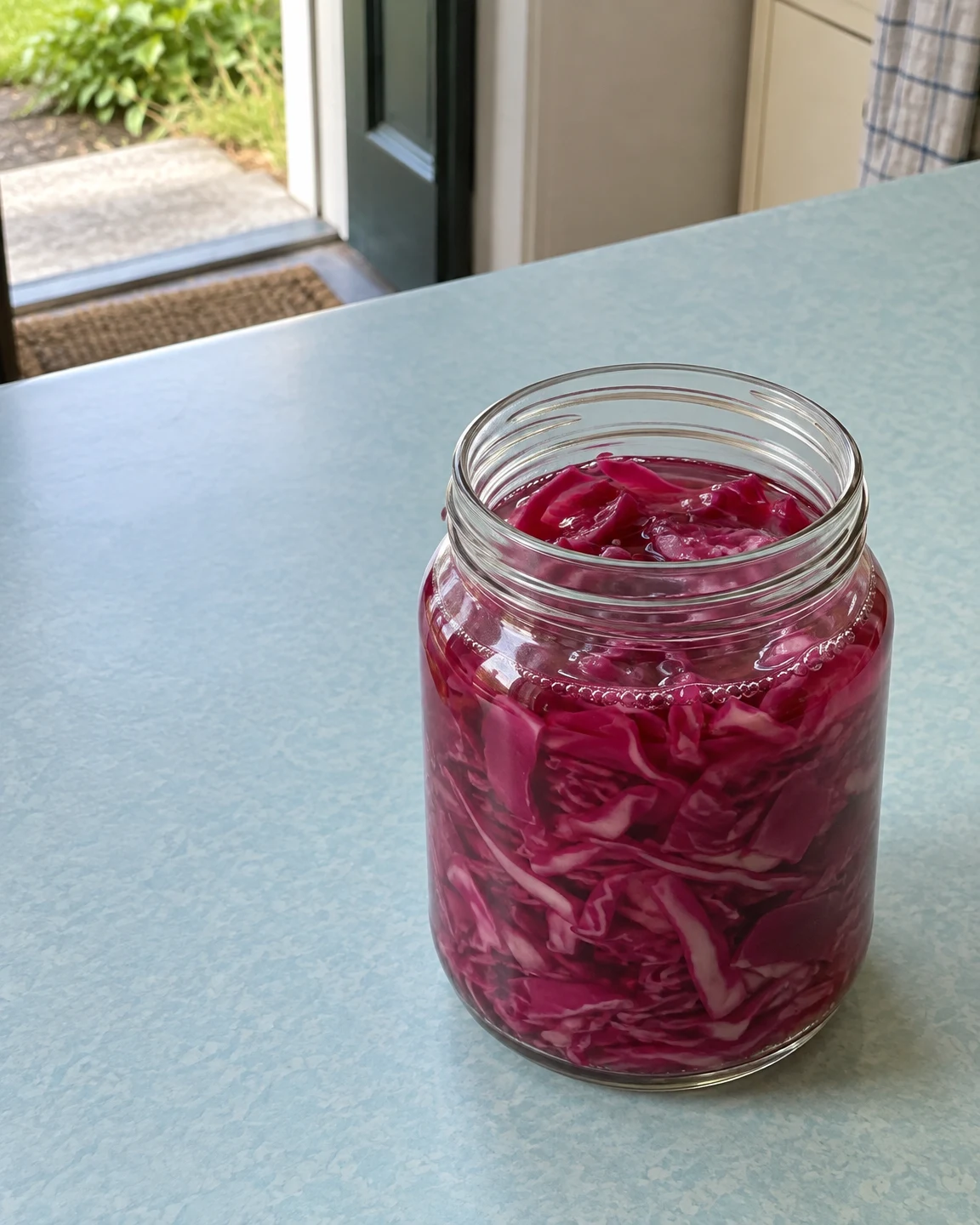 An open, unlabelled glass jar filled with magenta cabbage and pink brine sits on a pale cyan table beside an open doorway; greenery is visible outside.