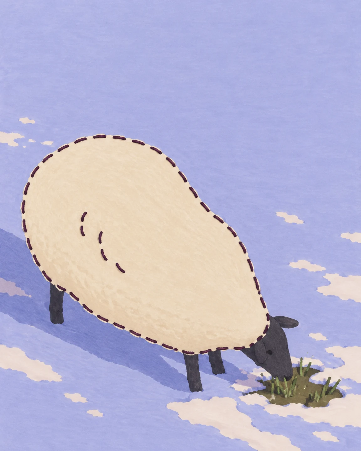 A charcoal-headed sheep with a large cream fleece grazes on olive grass in lavender snow, casting a long blue shadow.