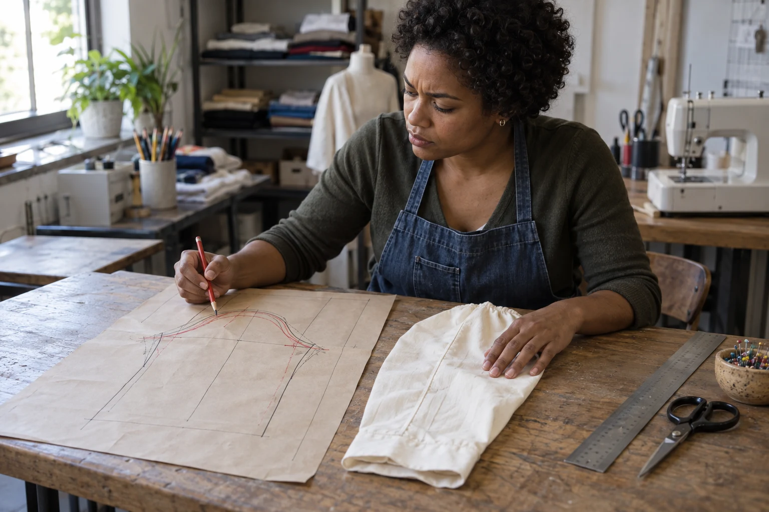 An adult with short curls sits at a wooden workbench in a sewing workshop, studying a paper garment pattern marked with red and dark curved lines while holding…