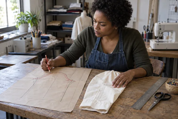 An adult with short curls sits at a wooden workbench in a sewing workshop, studying a paper garment pattern marked with red and dark curved lines while holding…
