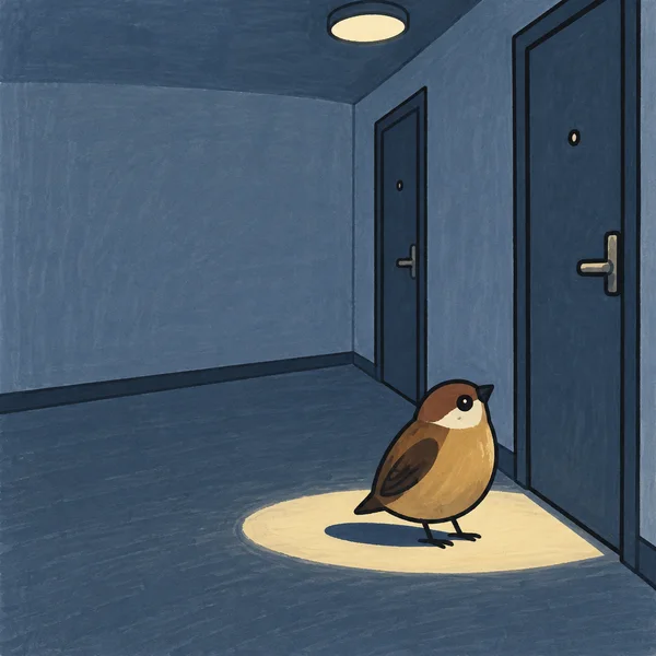 A round ochre-and-brown bird stands in a cream oval of light in a blue hallway, facing a closed door; another door and a ceiling light are visible.