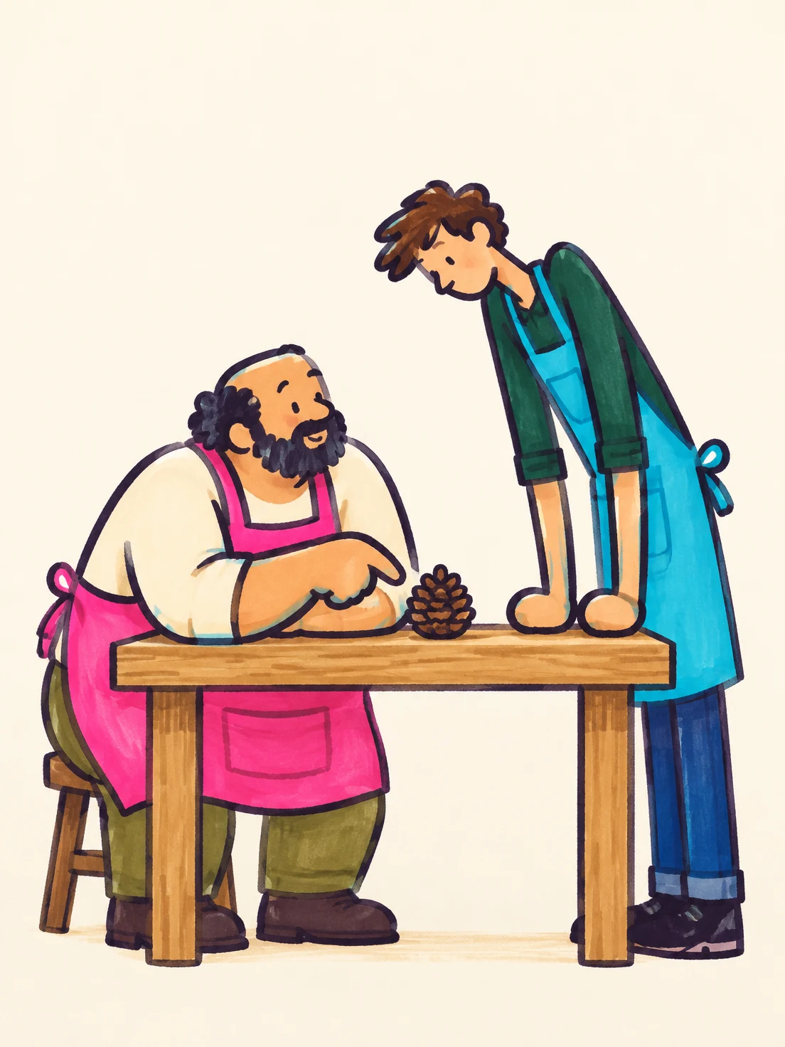 A seated, bearded craftsperson in a bright pink apron points toward a small pine cone on a wooden workbench while a tall person in a cyan apron bends forward…