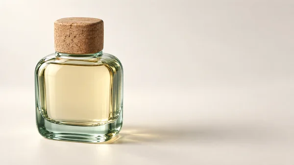 A pale green-tinted glass perfume bottle filled with light golden liquid and topped with a textured cork cap stands on a warm ivory studio surface, with open…