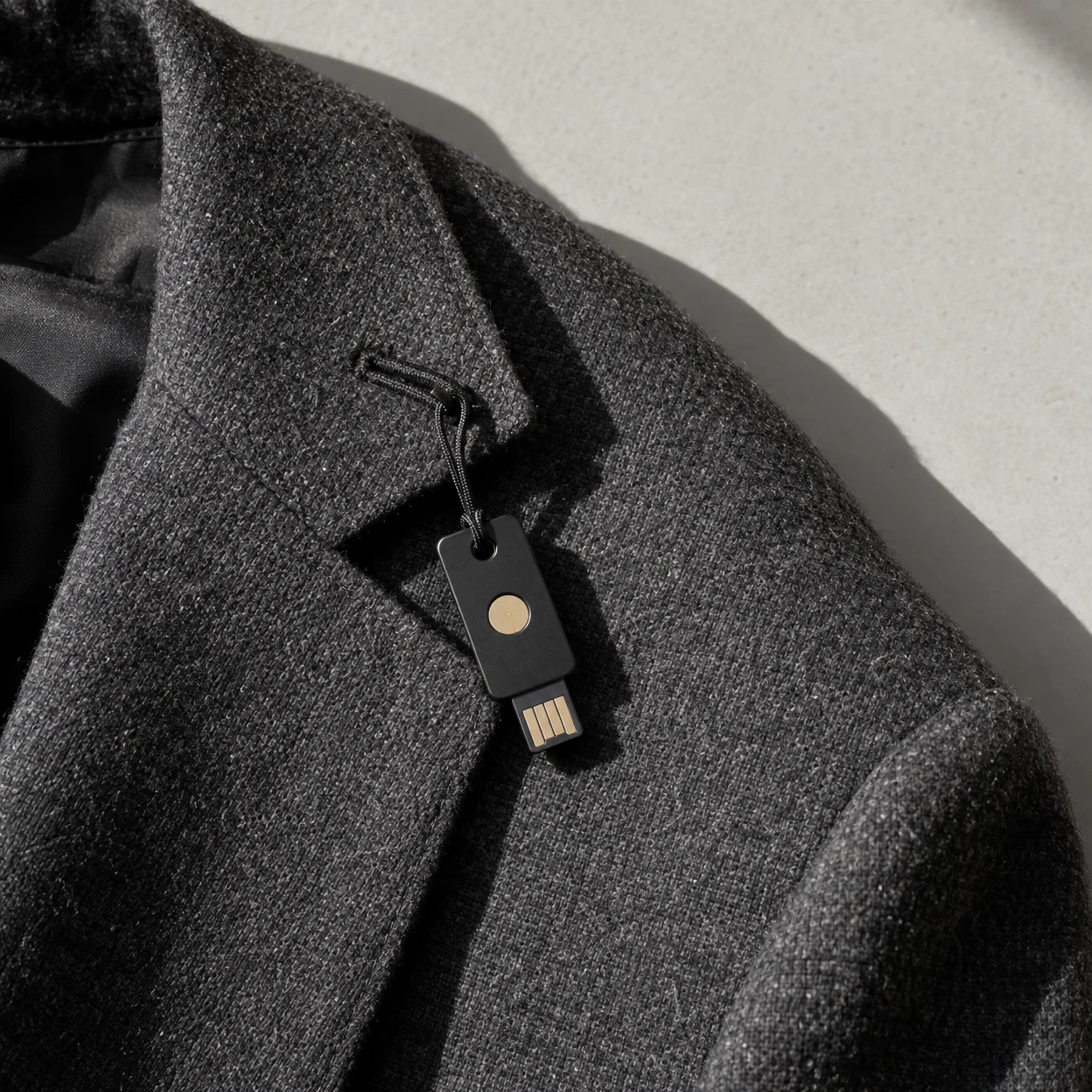 A black rectangular hardware key with a circular gold contact and exposed gold connector hangs by a short black cord from the buttonhole of a charcoal wool…