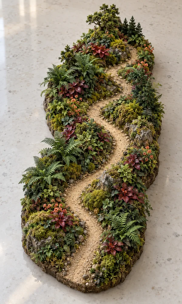 An elongated woodland miniature rests on a pale speckled quartz countertop, with a gravelly S-shaped path winding through dense ferns, moss, burgundy foliage…