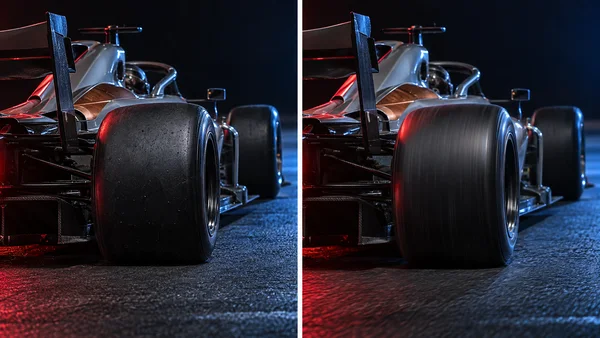 A tight, low rear three-quarter view of a silver-grey and copper single-seat race car in a two-panel image: its broad rear slick is stationary in the left…