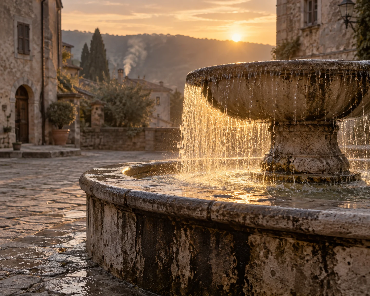 A weathered stone fountain spills water into a broad catching basin in a village square at sunset, with worn paving and old stone facades behind it.