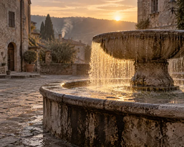 A weathered stone fountain spills water into a broad catching basin in a village square at sunset, with worn paving and old stone facades behind it.