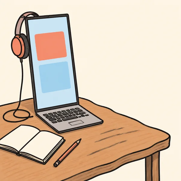 A tall-screen laptop with two colored rectangles on its display sits on a wooden desk beside an open blank notebook and pencil; coral headphones hang from the…