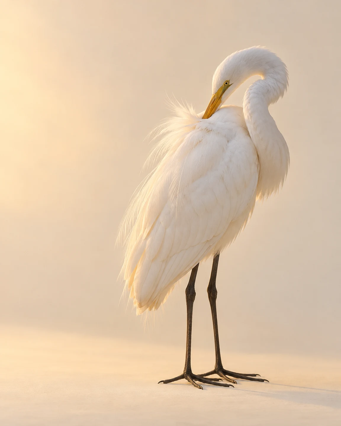 A white egret preens with its yellow bill nestled into its shoulder, standing on a pale ivory floor against a warm cream background.