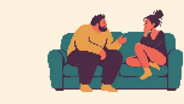 Two adults face one another in conversation on a deep teal sofa against a plain cream background; the person on the left gestures while the person on the right…