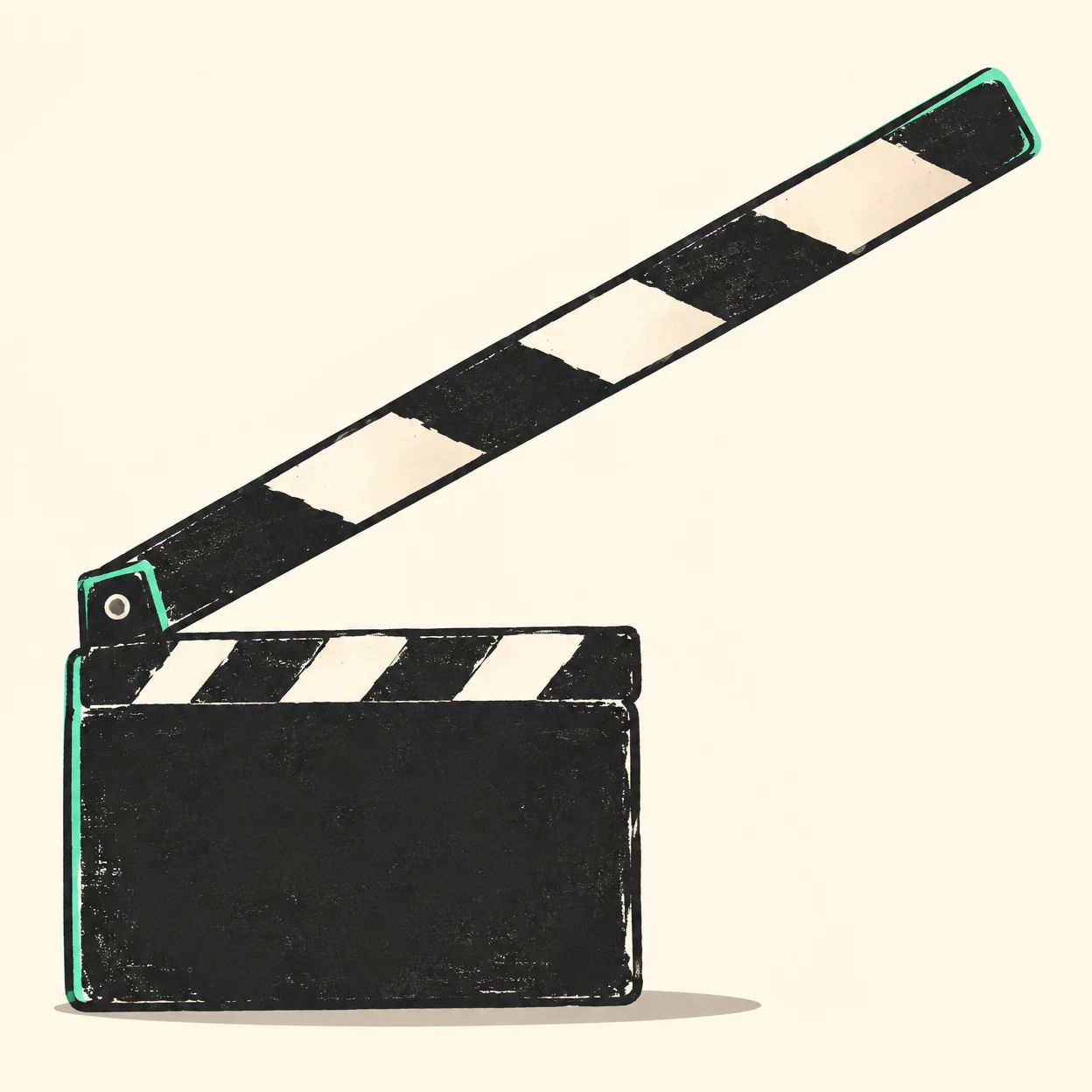 A charcoal film clapperboard sits low on the left against a warm cream background, with a blank slate, a long striped arm raised toward the upper right…