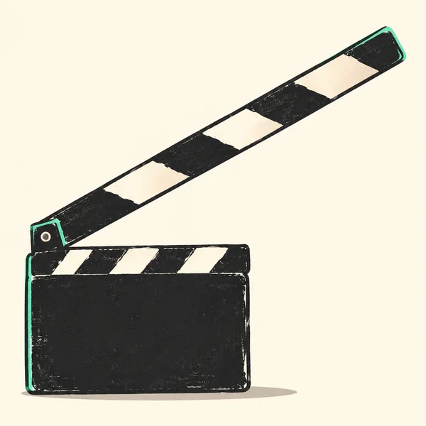 A charcoal film clapperboard sits low on the left against a warm cream background, with a blank slate, a long striped arm raised toward the upper right…