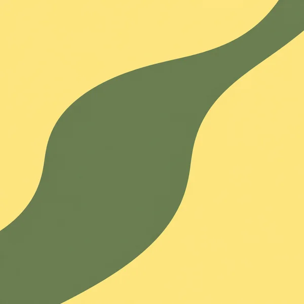 A broad moss-green curved band crosses a warm yellow square background, swelling through the centre before narrowing toward the upper-right edge.