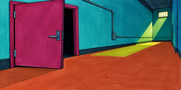 A large magenta door stands ajar in an empty cyan backstage corridor, with a dark opening, exposed wall conduit, and a high window casting a chartreuse beam…