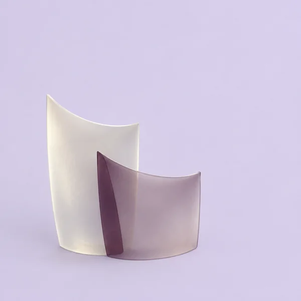 Two translucent curved panels, one pearl white and taller and one mauve and shorter, overlap near the lower-left of a pale lavender square field, leaving broad…