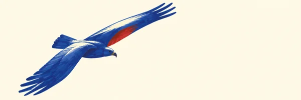 A cobalt-blue hawk with a small hooked beak glides across a warm cream background, its wings sweeping toward the upper right and lower left and a vivid red…