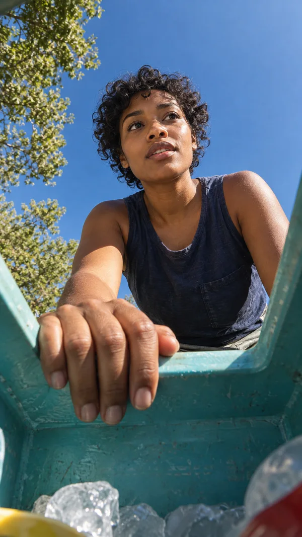 A person with short black curls leans over a weathered turquoise cooler, resting one enlarged hand on its rim.