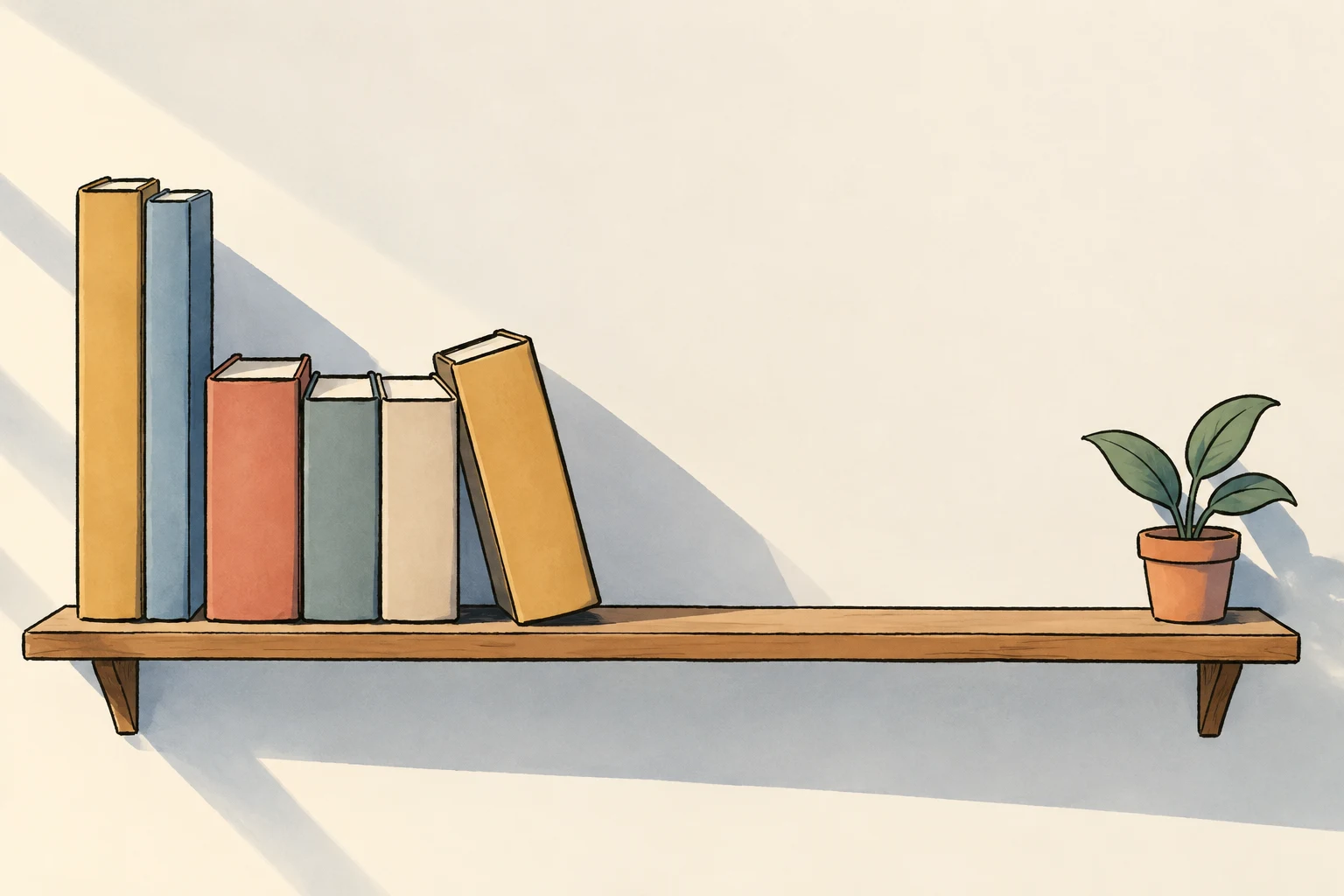 An ink-line illustration of a long wooden wall shelf holding a cluster of colorful books at the left and a small potted plant at the right, with strong…