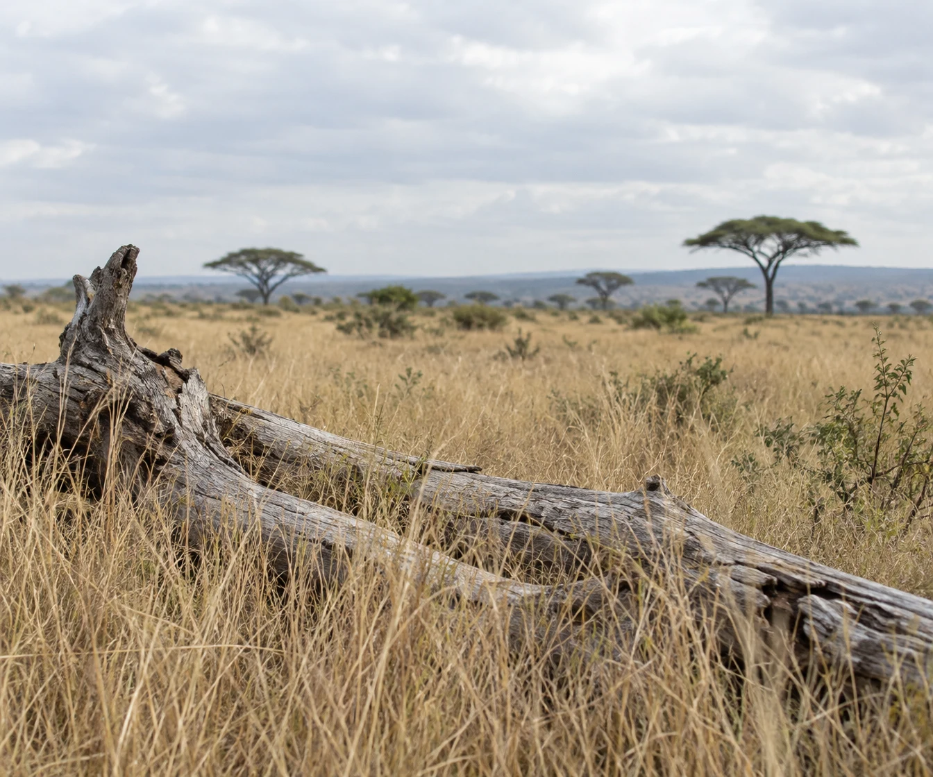A weathered, pale fallen trunk lies diagonally through tall straw-coloured grass in an open savanna, with scattered flat-topped trees on a hazy horizon beneath…