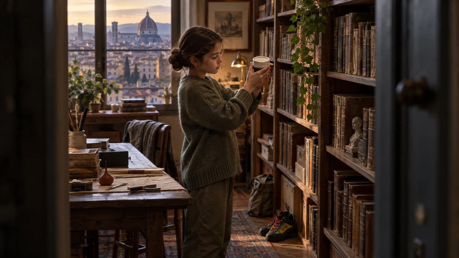 A child examines a small white air sampler in a warmly lit rare-book room, with aged books, restoration tools, climbing shoes, and a cityscape visible beyond…