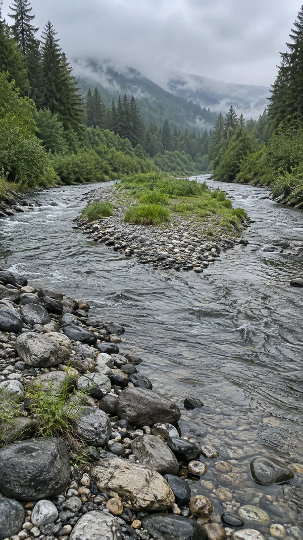 A shallow river divides around a low gravel island dotted with grass, then flows between wet foreground pebbles toward a misty, forested valley.