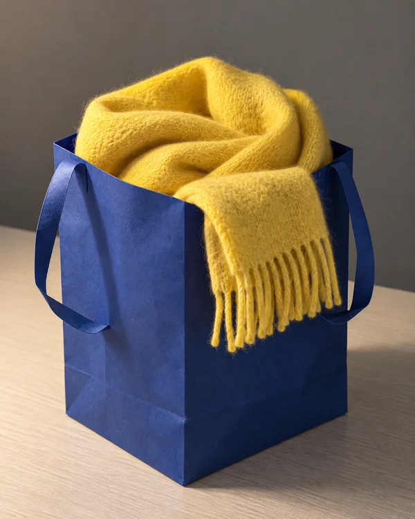 A cobalt-blue paper shopping bag sits on a pale wood-grain desktop, with a bright yellow knitted scarf spilling over its rim and a fringed end hanging down the…