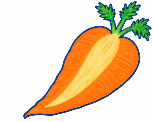 A large orange carrot is shown diagonally on a white background, with its pointed tip at lower left, leafy green tops at upper right, and a long pale-gold core…