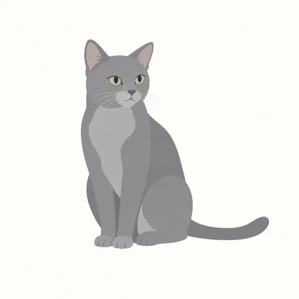 A grey short-haired cat sits against an off-white background, facing slightly left with pale green eyes, visible whiskers, and its tail extended along the…